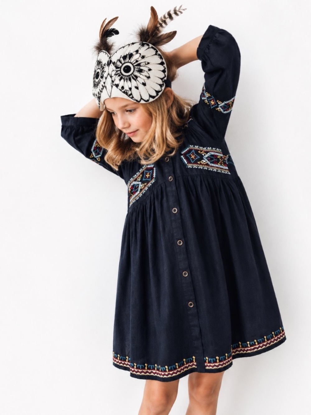 ZARA Girls blue navy embroidered dress